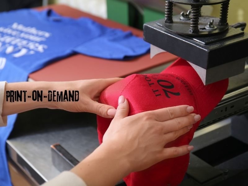 Laptop showing print-on-demand designs and products like t-shirts and mugs